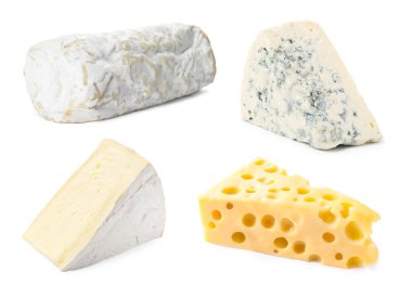 Beyaza izole edilmiş farklı peynir türleri.