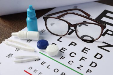 Görüş testi çizelgesi, gözlükler, lensler, tıbbi damlalar ve cımbız şişeleri ahşap masada, yakın plan.