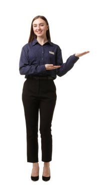 Portrait of hostess in uniform on white background