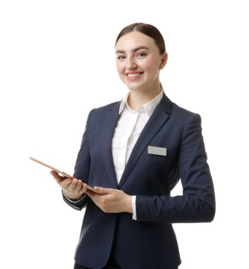 Hostess in uniform with tablet on white background
