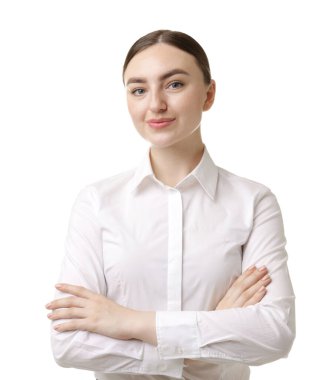 Portrait of hostess in uniform on white background