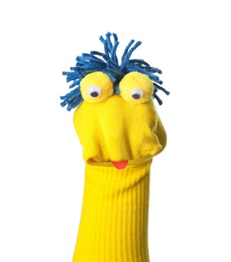 Beyaz saçlı, komik çorap kuklası.