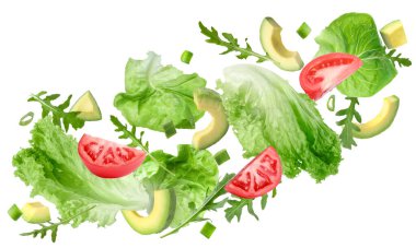Beyaz arka planda uçuşan salata için taze sebzeler