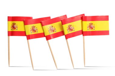 Beyaz arka planda İspanya 'nın küçük kağıt bayrakları