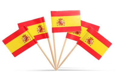 Beyaz arka planda İspanya 'nın küçük kağıt bayrakları