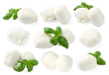Mozzarella ve fesleğen beyaza izole edilmiş. İtalyan peyniri