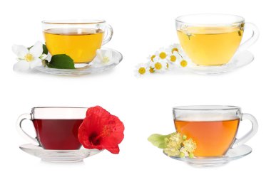 Cam bardaklarda çaylar ve beyazlar üzerinde izole çiçekler.