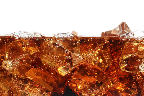 Refreshing cola with ice isolated on white
