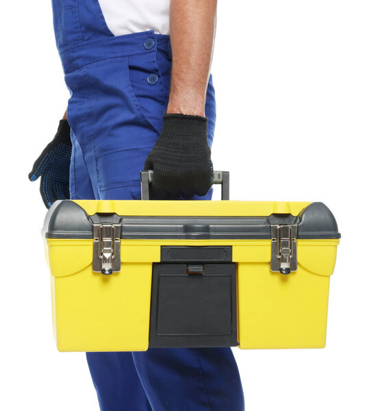 Professional repairman with tool box on white background, closeup
