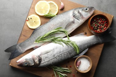 Gri masadaki baharatlı taze çiğ deniz kabuğu. Balık ve deniz ürünleri lezzetleri