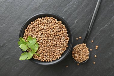 Kişniş tohumu, kaşık ve taze kişniş yaprakları koyu dokulu masa, düz uzanma