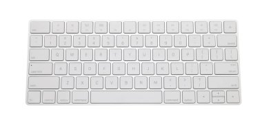 Modern kablosuz bilgisayar klavyesi beyaz, üst görünümde izole edildi