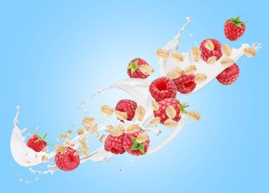 Taze ahududulu yulaf ezmesi ve açık mavi eğimli arka planda uçuşan süt sıçraması.