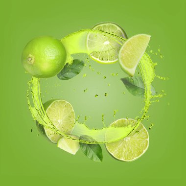 Taze sulu limonlar ve yeşil arka planda bir tutam içki.