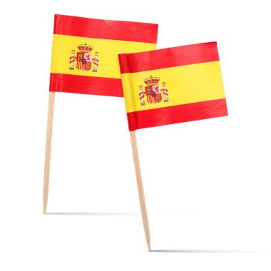 Beyaz arka planda İspanya 'nın küçük kağıt bayrakları