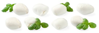 Mozzarella ve fesleğen beyaza izole edilmiş. İtalyan peyniri