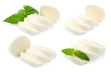 Mozzarella ve fesleğen beyaza izole edilmiş. İtalyan peyniri