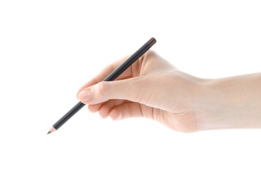 Beyaz arka planda kaş kalemi olan kadın, yakın plan.