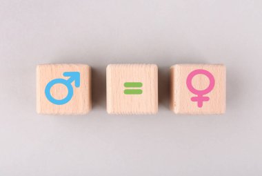 Seks eğitimi. Kadın ve erkek cinsiyet sembollerine sahip tahta küplerin beyaz arka plan, üst görünüm işaretleri.