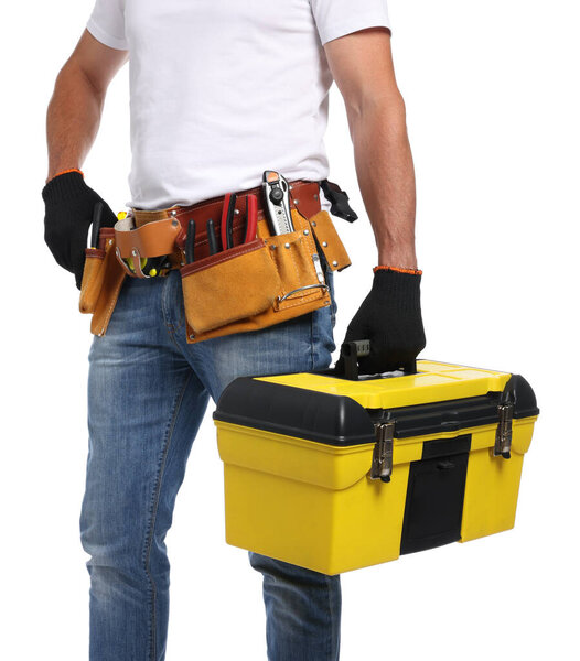 Professional repairman with tool box on white background, closeup