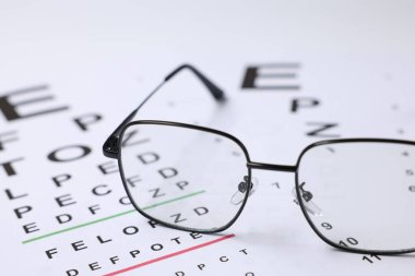 Arka plan olarak görüş test grafikleri üzerinde gözlük, yakın plan