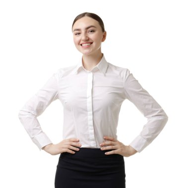 Portrait of hostess in uniform on white background