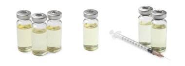 Aşı tüpleri ve şırıngalar halinde beyaza izole edilmiş.