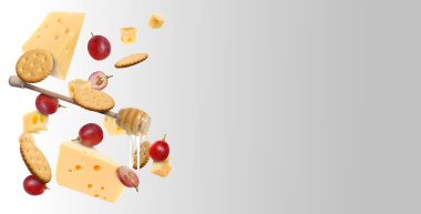 Peynir, üzüm, kraker ve bal gri arkaplanda. Peynir tahtası için lezzetli mezeler