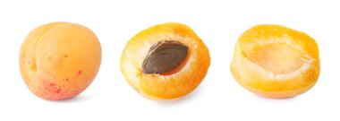 Taze, olgun kayısı beyaza izole edilmiş, set. Tam ve dilimlenmiş.