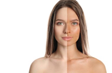 Bronzlaşmadan önce ve sonra. Beyaz arkaplanda ikiye bölünmüş kadın fotoğrafı, metin için boşluk