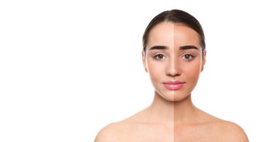 Bronzlaşmadan önce ve sonra. Beyaz arka planda ikiye bölünmüş kadın fotoğrafı. Metin için alanı olan pankart tasarımı