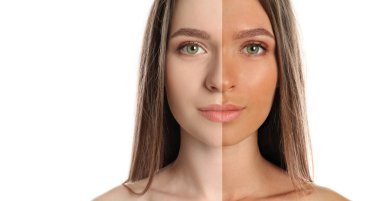 Bronzlaşmadan önce ve sonra. Beyaz arka planda ikiye bölünmüş kadın fotoğrafı. Metin için alanı olan pankart tasarımı