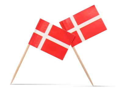 Beyaz arkaplanda Danimarka 'nın küçük kağıt bayrakları