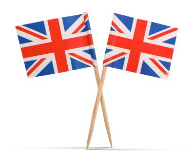 Beyaz arka planda Birleşik Krallık 'ın küçük kağıt bayrakları