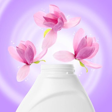 Kumaş yumuşatıcı reklam afişi. Menekşe eğimine karşı bir şişe saç kremi ve uçan çiçekler