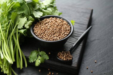 Kase içinde kişniş tohumları, kaşık ve taze kişniş yaprakları koyu dokulu masa, yakın çekim