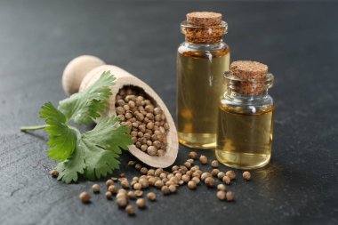 Şişelerdeki Aromatik yağ, kişniş yaprakları ve koyu dokulu masada kişniş tohumları, yakın çekim