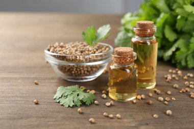 Şişe içinde Aromatik yağ, kişniş yaprakları ve ahşap masa üzerinde kişniş tohumları, yakın çekim