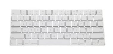 Modern kablosuz bilgisayar klavyesi beyaz, üst görünümde izole edildi