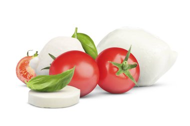 Taze mozzarella, domates ve fesleğen beyaza izole edilmiş.