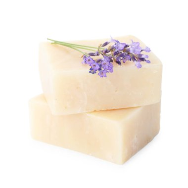 Sabun barları ve lavanta çiçekleri beyaza izole edilmiş.