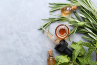 Gri masada, düz bir zeminde, gerekli yağ ve bitkilerden oluşan şişeler. Metin için boşluk