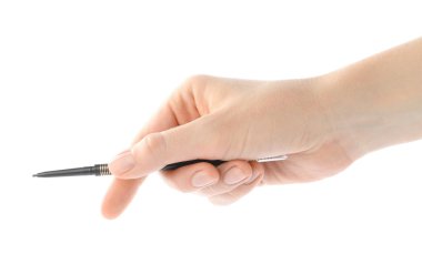 Beyaz arka planda kaş kalemi olan kadın, yakın plan.