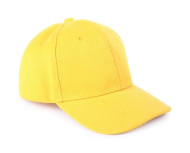 Beyaza izole edilmiş sarı bir beyzbol şapkası. Tasarım için model