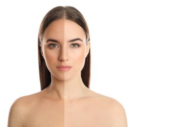 Bronzlaşmadan önce ve sonra. Beyaz arkaplanda ikiye bölünmüş kadın fotoğrafı, metin için boşluk