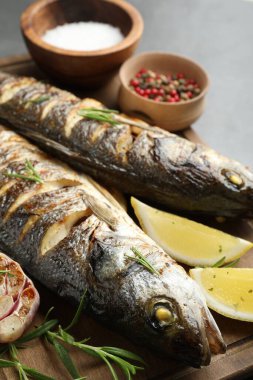 Gri masada biberiye ve limonla servis edilen lezzetli kavrulmuş deniz kabuğu balığı, yakın plan. Ev yapımı deniz ürünleri yemeği.