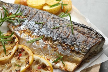 Gri masada baharatlı ve patatesli kızarmış uskumru, yakın plan. Ev yapımı deniz ürünleri yemeği.