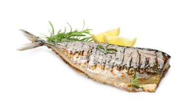 Beyaz üzerine izole edilmiş baharatlı kızarmış uskumru. Manzaranın üstünde. Ev yapımı deniz ürünleri yemeği.