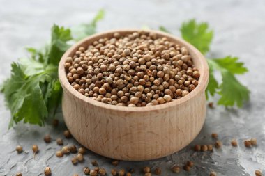 Kişniş tohumu ve taze kişniş filizi gri desenli masa, yakın plan.