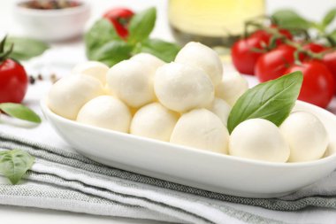 Lezzetli mozzarella peyniri, domates, fesleğen ve baharatlar masada, yakın plan.